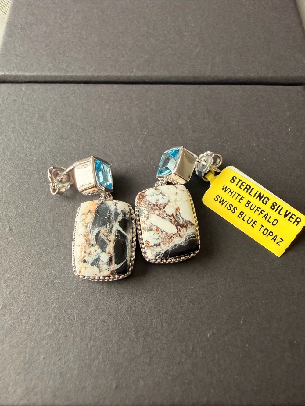 Sterling Silver Genuine White Buffalo & Swiss Blue Topaz Drop Earrings